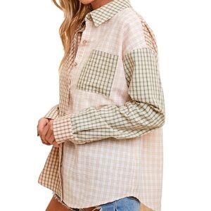 HEM & THREAD Plaid Patchwork, Neutral Colour Blocking button Down Large